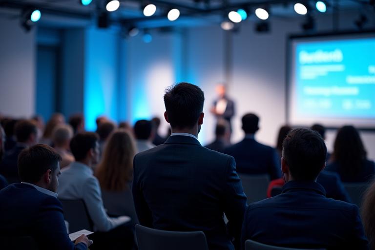 Wide shot of a corporate seminar in progress