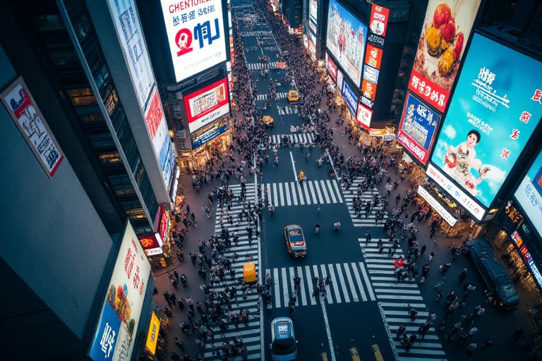 Drone shot overlooking Shibuya Crossing